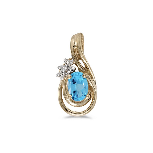 14k Yellow Gold Oval Blue Topaz And Diamond Teardrop Pendant