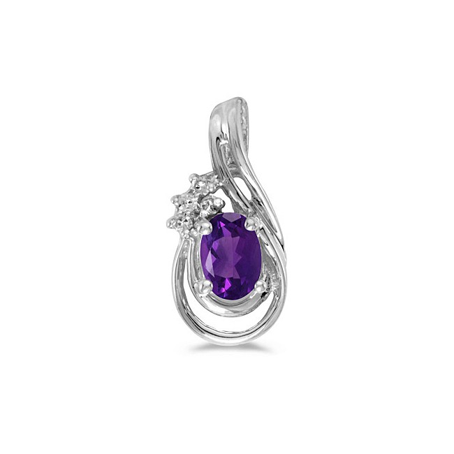 14k White Gold Oval Amethyst And Diamond Teardrop Pendant