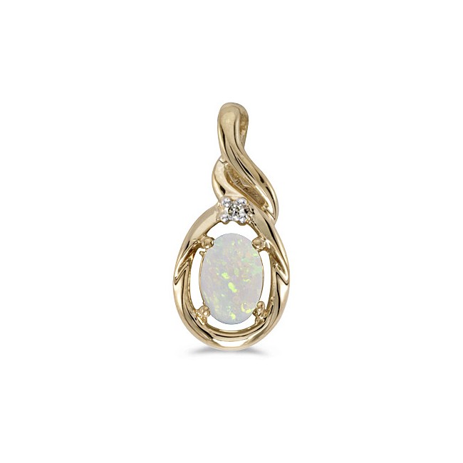 14k Yellow Gold Oval Opal And Diamond Pendant