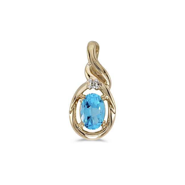 14k Yellow Gold Oval Blue Topaz And Diamond Pendant