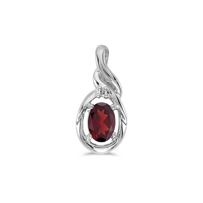 14k White Gold Oval Garnet And Diamond Pendant