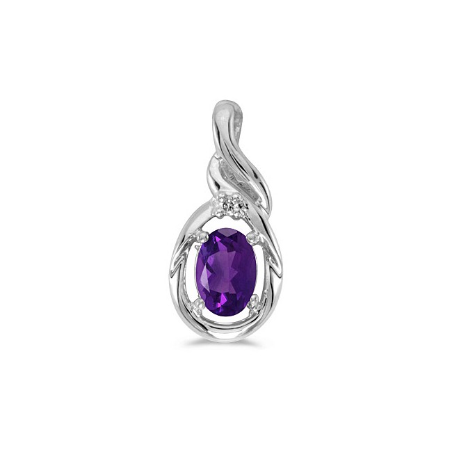 14k White Gold Oval Amethyst And Diamond Pendant