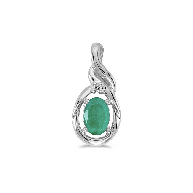14k White Gold Oval Emerald And Diamond Pendant