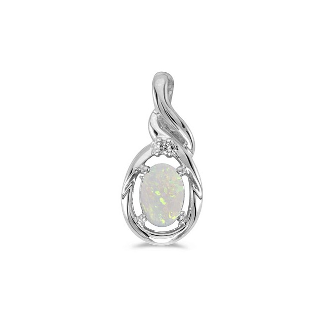 14k White Gold Oval Opal And Diamond Pendant