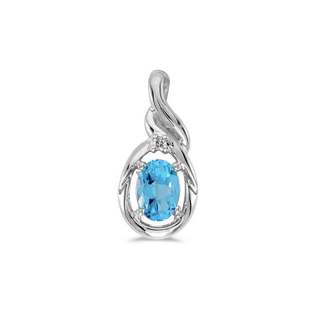 14k White Gold Oval Blue Topaz And Diamond Pendant