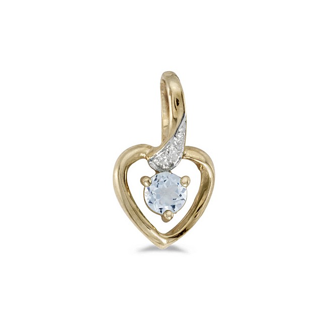 10k Yellow Gold Round Aquamarine And Diamond Heart Pendant