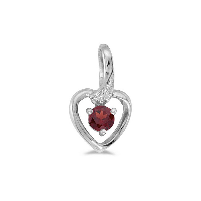 10k White Gold Round Garnet And Diamond Heart Pendant