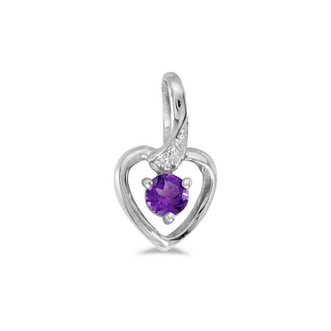 10k White Gold Round Amethyst And Diamond Heart Pendant