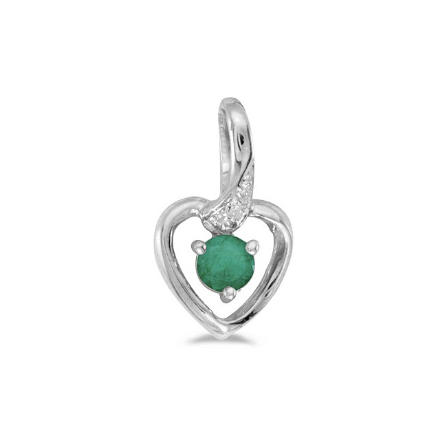 10k White Gold Round Emerald And Diamond Heart Pendant