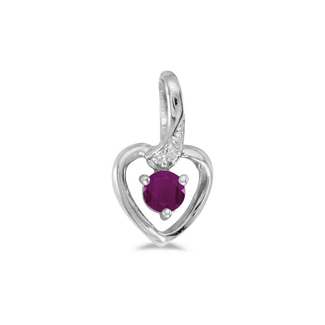 10k White Gold Round Ruby And Diamond Heart Pendant