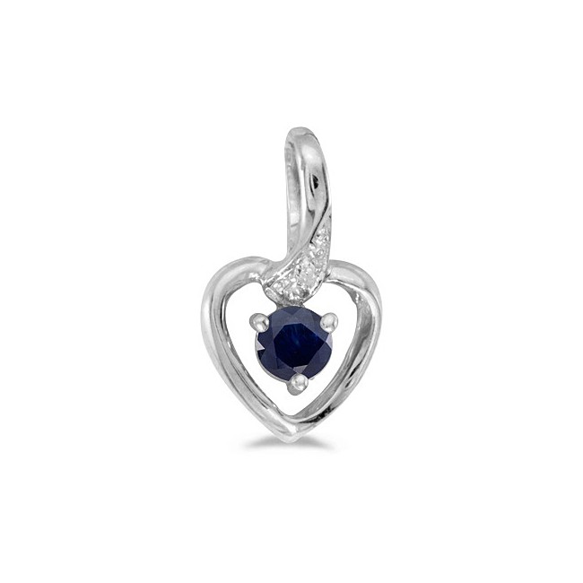 10k White Gold Round Sapphire And Diamond Heart Pendant