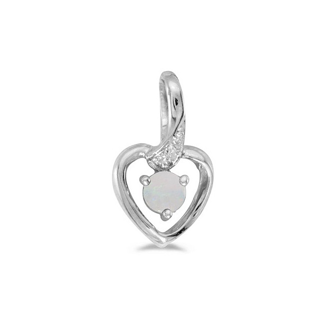 10k White Gold Round Opal And Diamond Heart Pendant