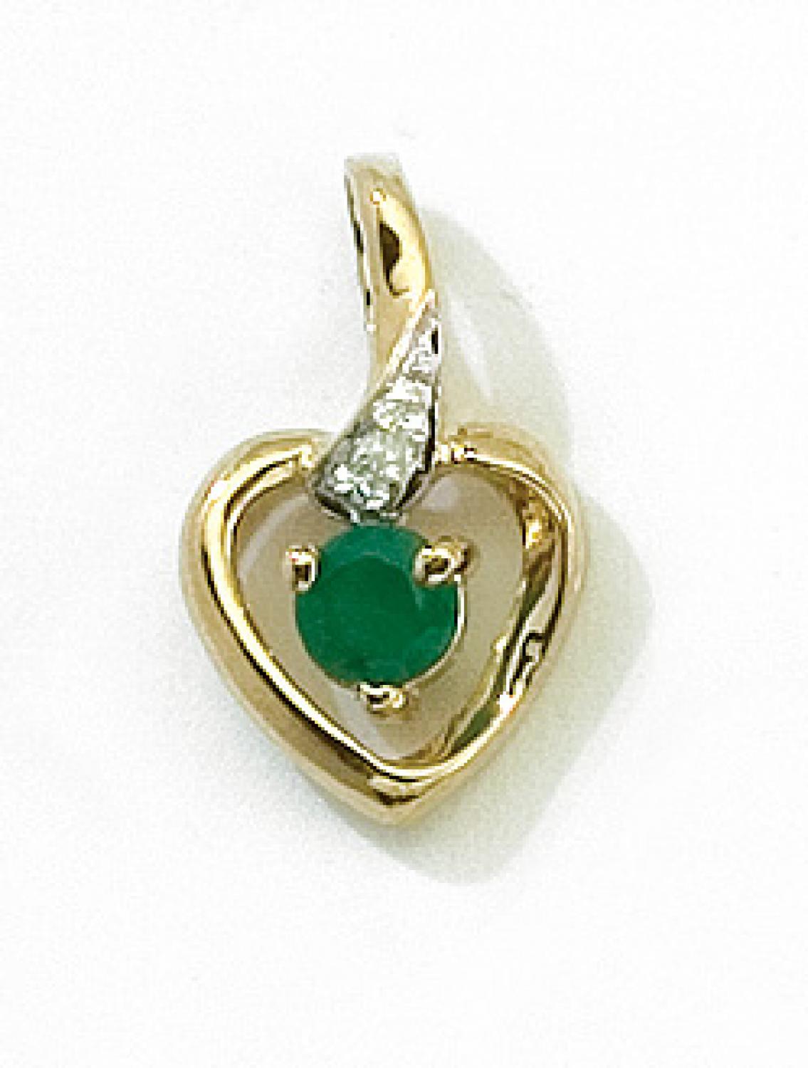 14k Yellow Gold Round Emerald And Diamond Heart Pendant