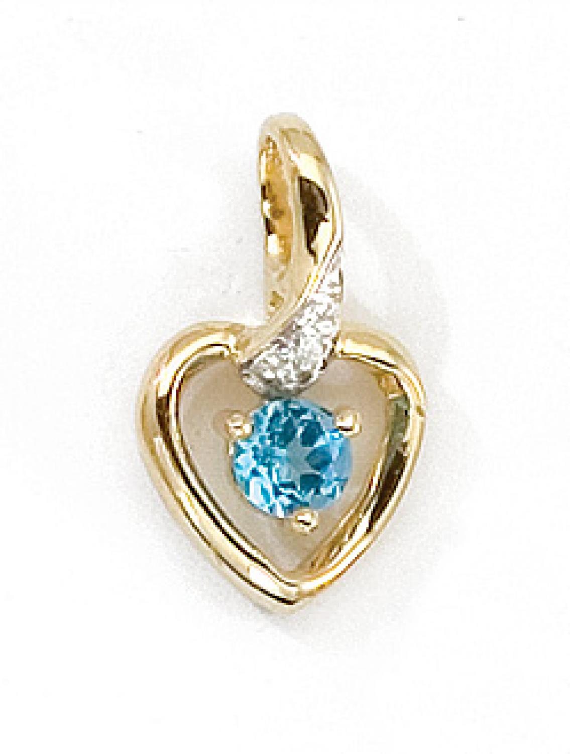 14k Yellow Gold Round Blue Topaz And Diamond Heart Pendant