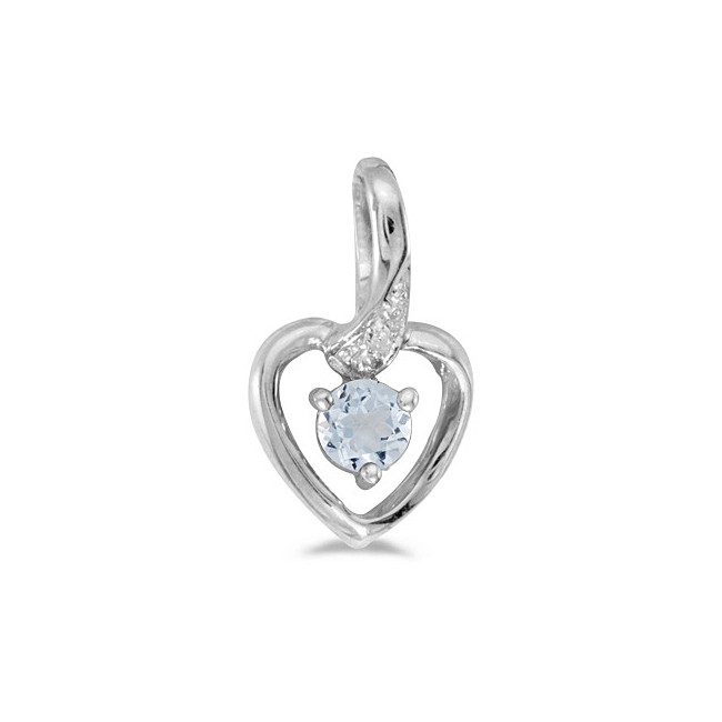 14k White Gold Round Aquamarine And Diamond Heart Pendant