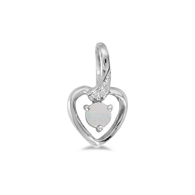 14k White Gold Round Opal And Diamond Heart Pendant