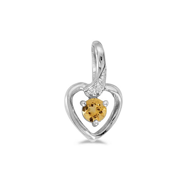 14k White Gold Round Citrine And Diamond Heart Pendant