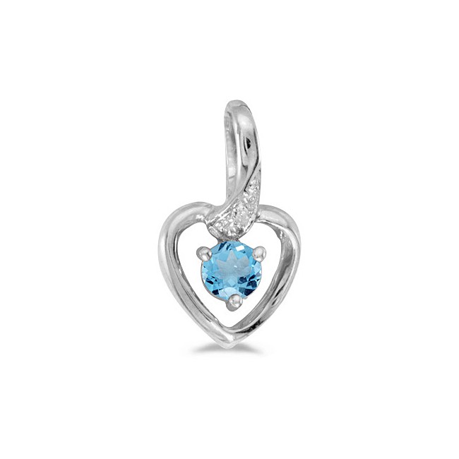 14k White Gold Round Blue Topaz And Diamond Heart Pendant