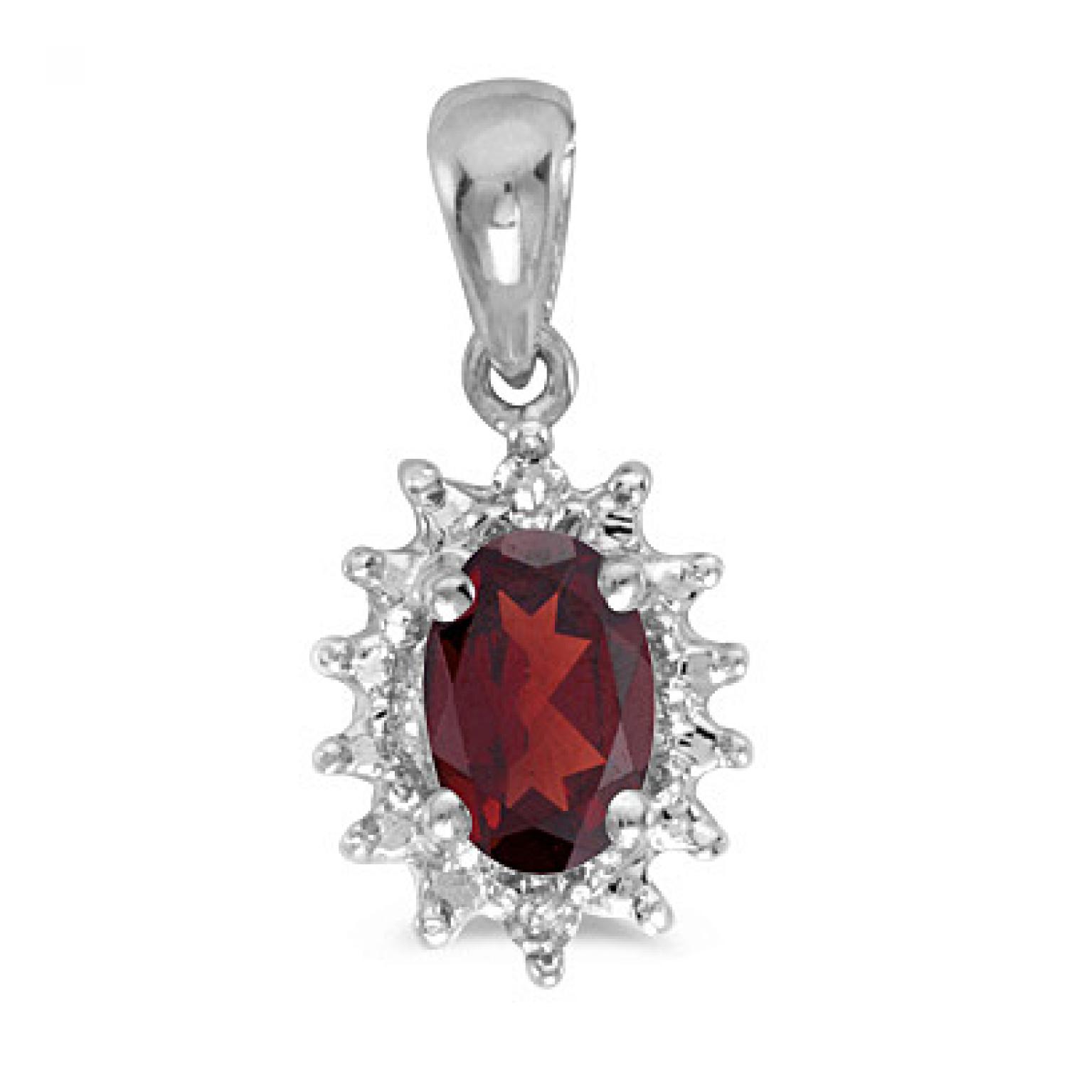 10K White Gold Oval Garnet and Diamond Halo Birthstone Pendant