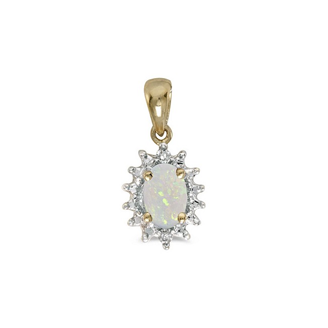 14k Yellow Gold Oval Opal And Diamond Pendant