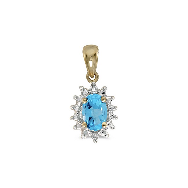 14k Yellow Gold Oval Blue Topaz And Diamond Pendant