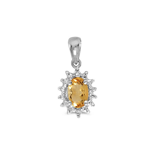 14k White Gold Oval Citrine And Diamond Pendant