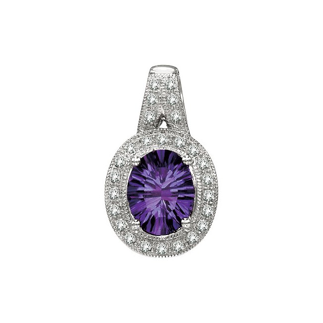 14K White Gold 10x8 Oval Amethyst and Diamond Pendant