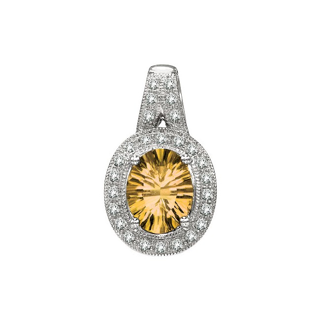 14K White Gold 10x8 Oval Citrine and Diamond Pendant