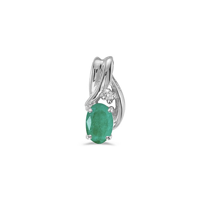 14k White Gold Oval Emerald And Diamond Pendant