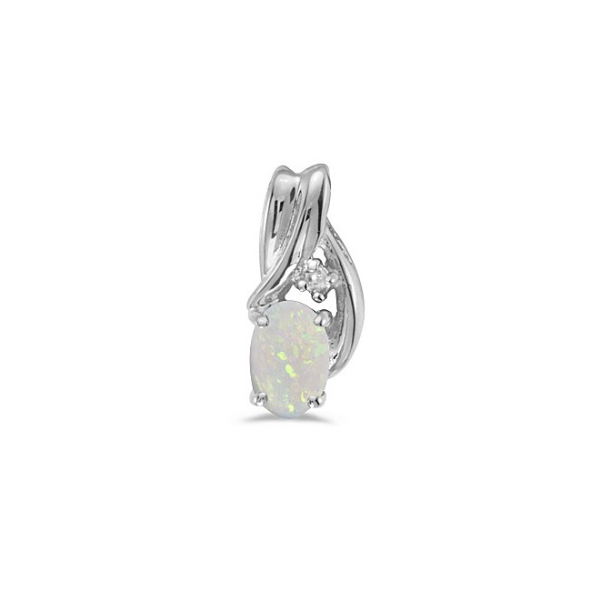 14k White Gold Oval Opal And Diamond Pendant