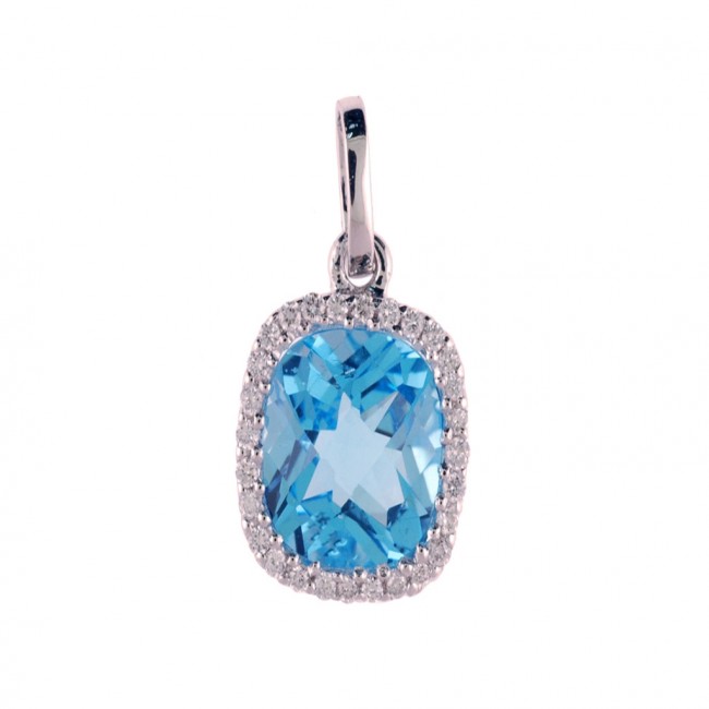 14K White Gold Semi Precious Cushion Blue Topaz and Diamond Fashion Pendant