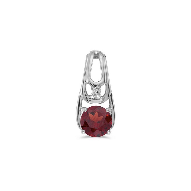 14k White Gold Round Garnet And Diamond Pendant