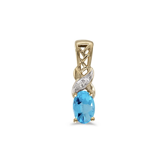 14k Yellow Gold Oval Blue Topaz And Diamond Pendant