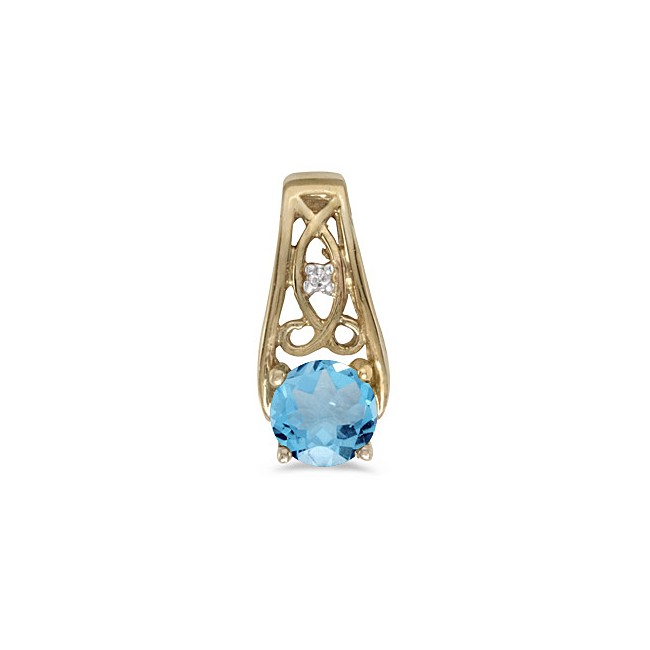 14k Yellow Gold Round Blue Topaz And Diamond Pendant