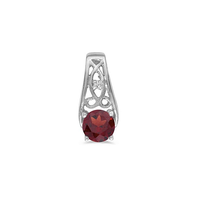 14k White Gold Round Garnet And Diamond Pendant