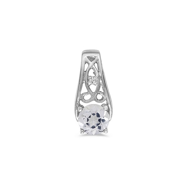 14k White Gold Round White Topaz And Diamond Pendant