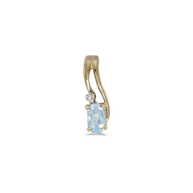 14k Yellow Gold Oval Aquamarine And Diamond Wave Pendant