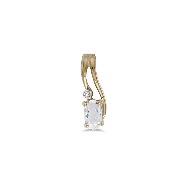 14k Yellow Gold Oval White Topaz And Diamond Wave Pendant