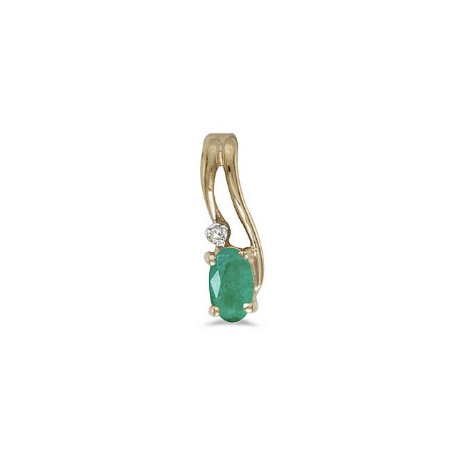 14k Yellow Gold Oval Emerald And Diamond Wave Pendant