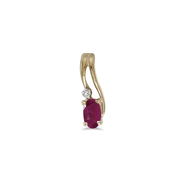 14k Yellow Gold Oval Ruby And Diamond Wave Pendant