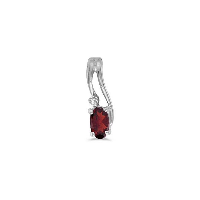 14k White Gold Oval Garnet And Diamond Wave Pendant