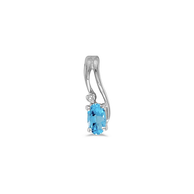 14k White Gold Oval Blue Topaz And Diamond Wave Pendant