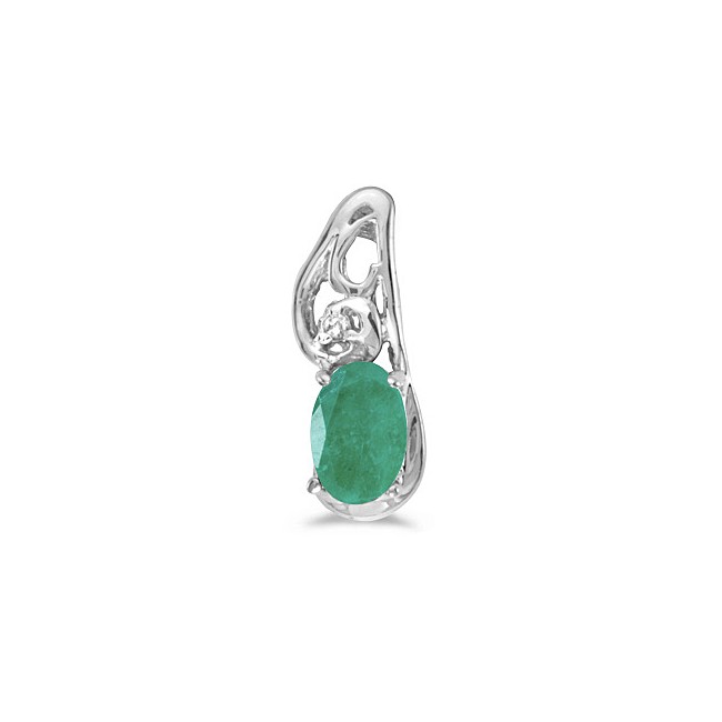 14k White Gold Oval Emerald And Diamond Pendant