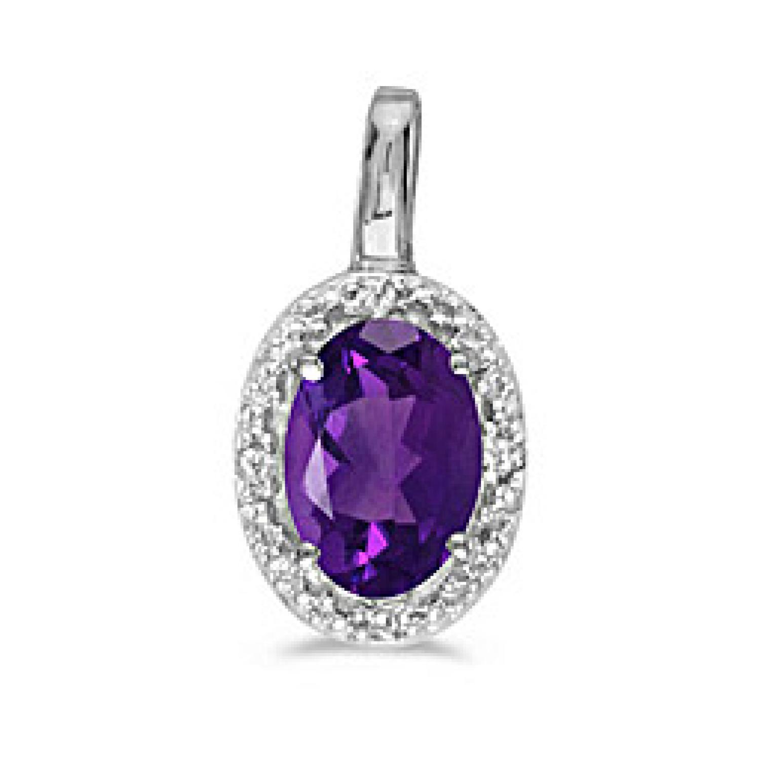10K White Gold Oval Amethyst and Diamond Birthstone Pendant