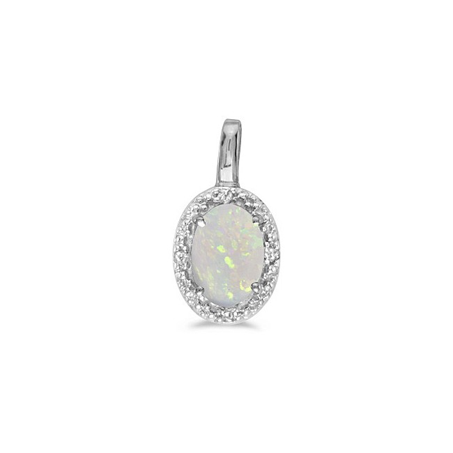 14k White Gold Oval Opal And Diamond Pendant