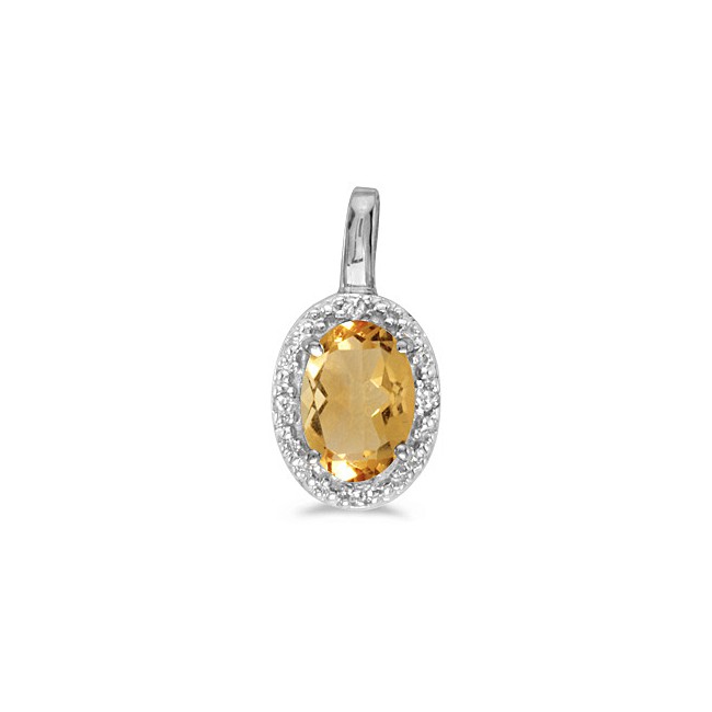 14k White Gold Oval Citrine And Diamond Pendant