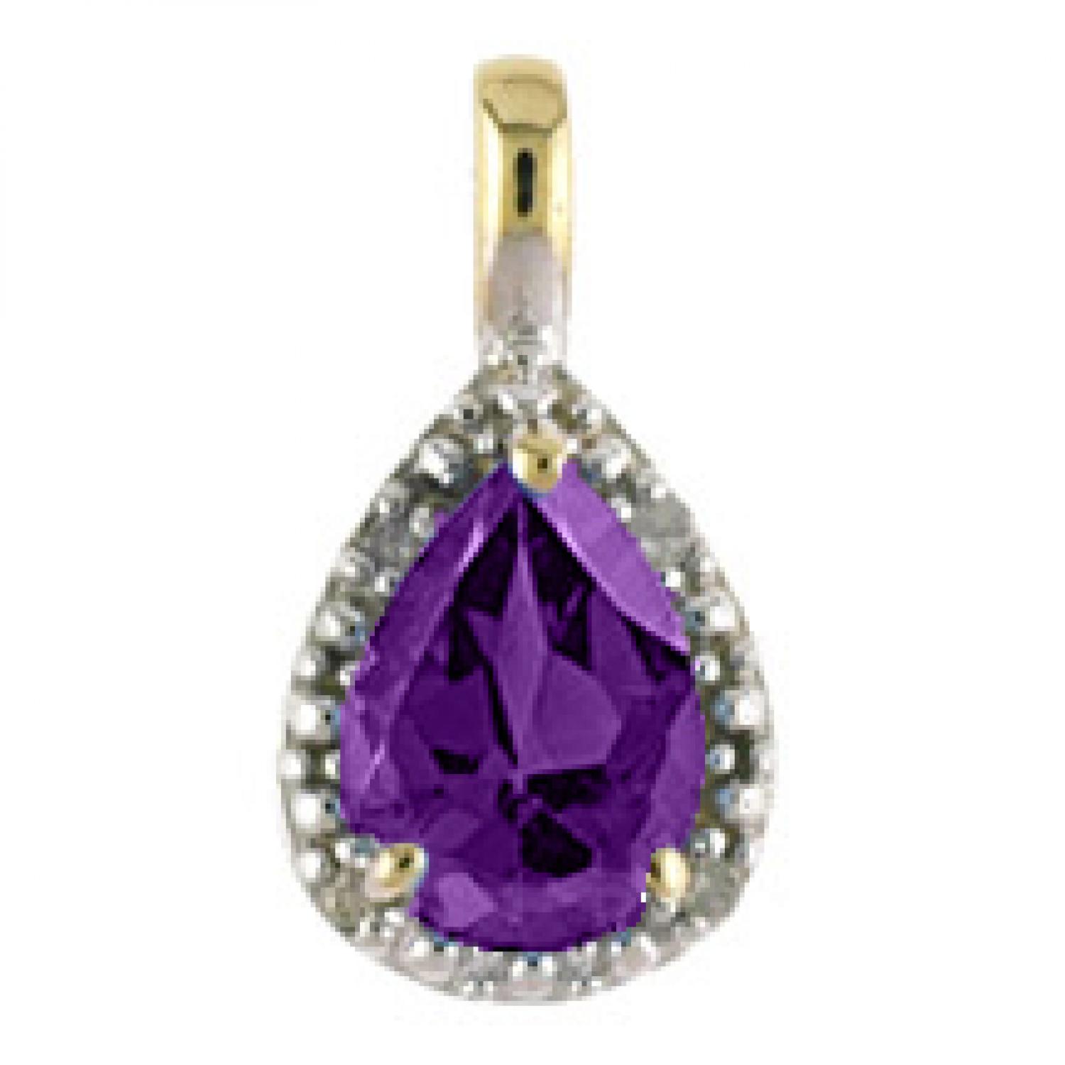 10K Yellow Gold Pear Amethyst and Diamond Birthstone Pendant