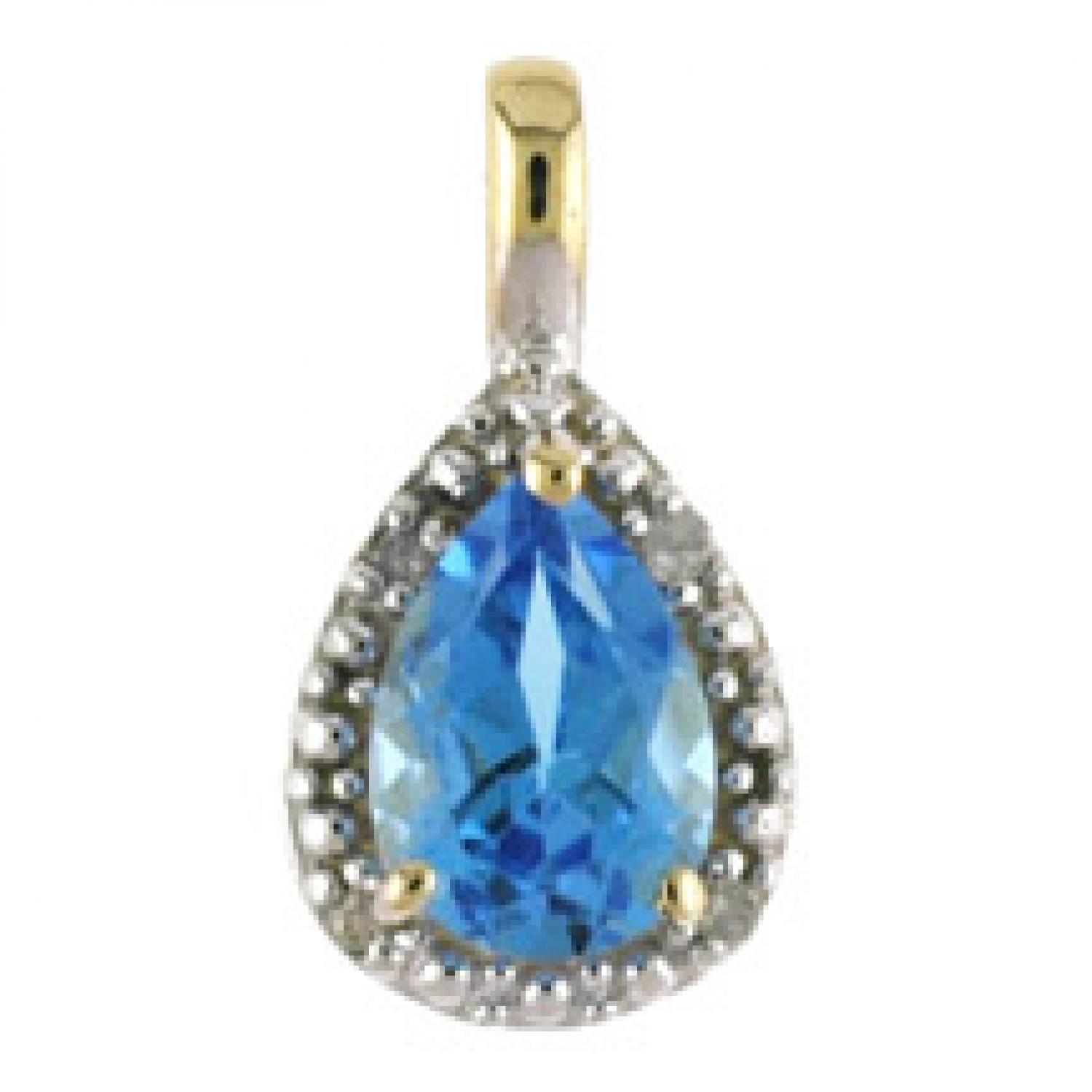 10K Yellow Gold Pear Blue Topaz and Diamond Birthstone Pendant