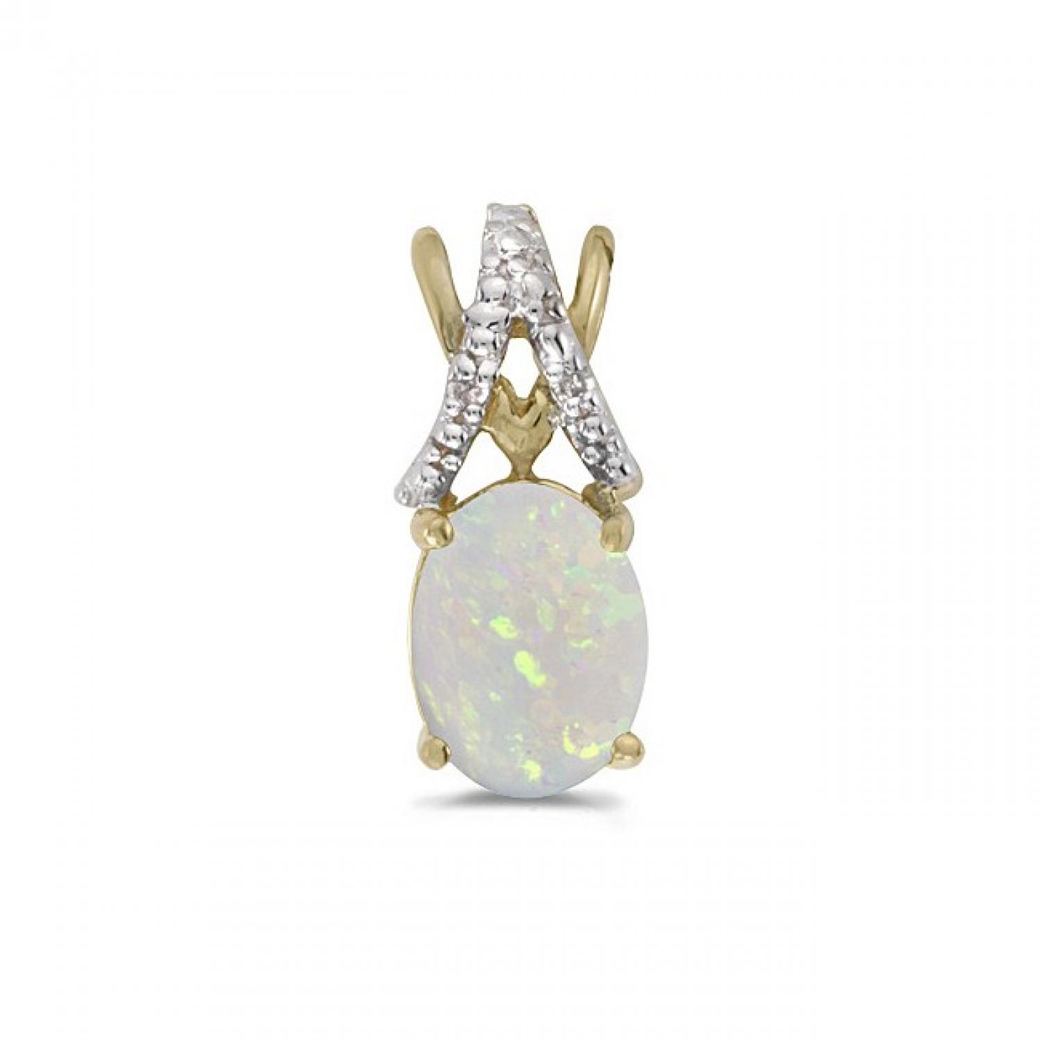 10K Yellow Gold Oval Opal and Diamond Birthstone Pendant