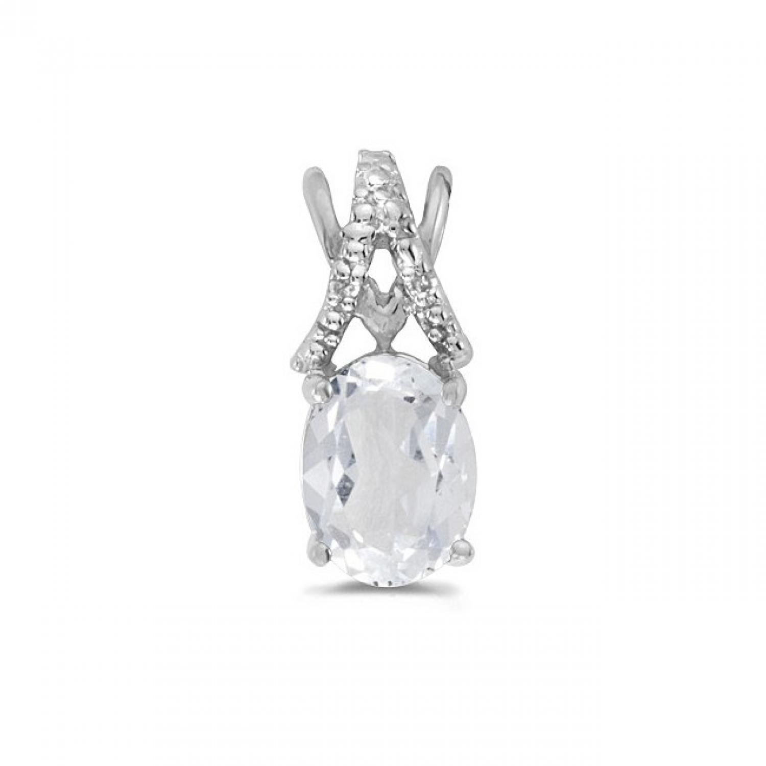 10K White Gold Oval White Topaz and Diamond Birthstone Pendant